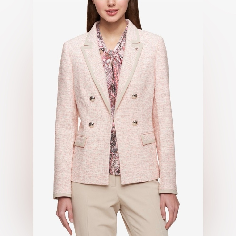 Tommy Hilfiger Women's Tweed Coral and Cream Blazer with Tan Trim / Size 16